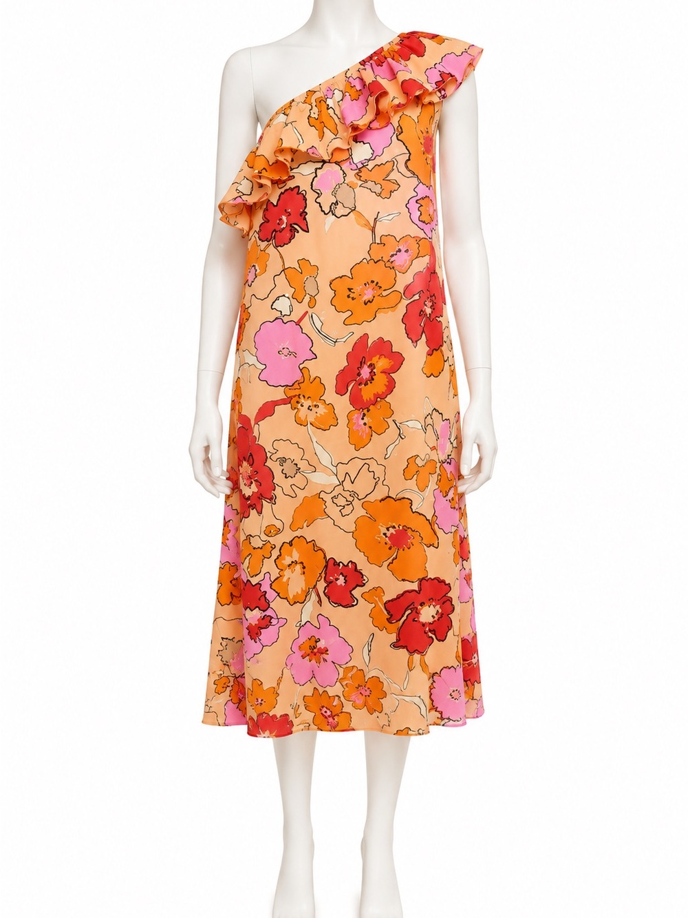 Saint Tropez L Umonja SZ One Shoulder Ruffle Floral Midi Dress Orange Pink Cotto